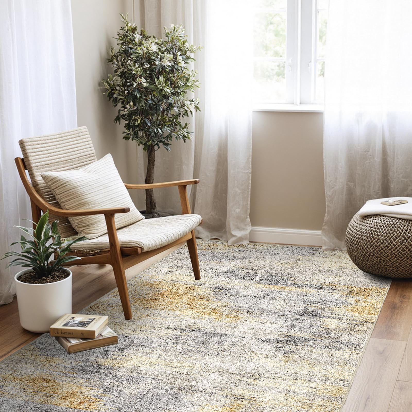 4x5 Area Rug Washable Abstract: Non Slip Entryway Floor Mat Grey/Yellow