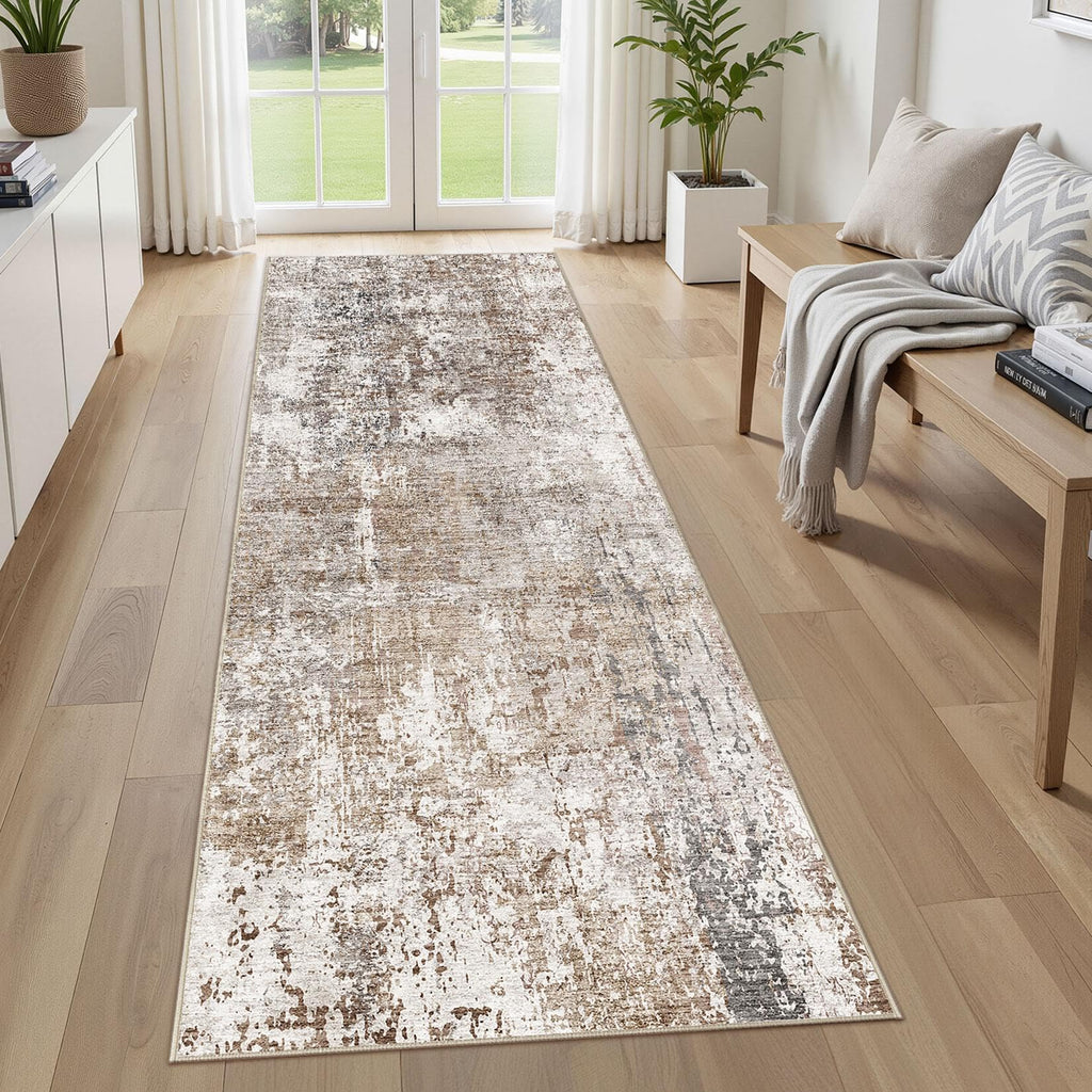 UERMEI 3x8 Washable Runner Rug for Hallway, Non Slip Low Pile Kitchen Carpet, Neutral Modern Abstract Indoor Floor Mat for Entryway Laundry, Kid & Pet Safe High Traffic Area, Brown/Grey/Red