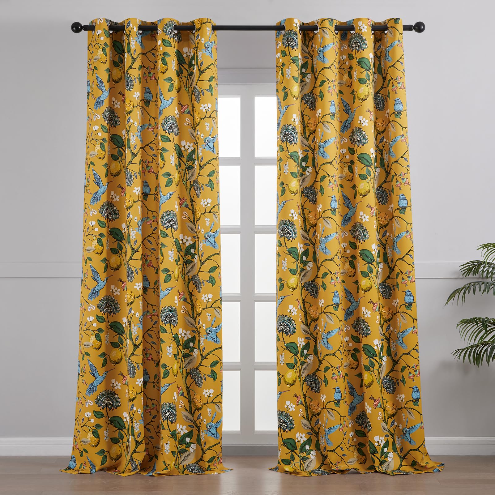 94 Inches Long Custom Satin Window Treatments,Retro Art Deco Floral Hummingbird Patterned Pretty Elegant Mustard Yellow Light Blocking Grommet Curtains Two Pages Curtains for Bedroom Playroom Room