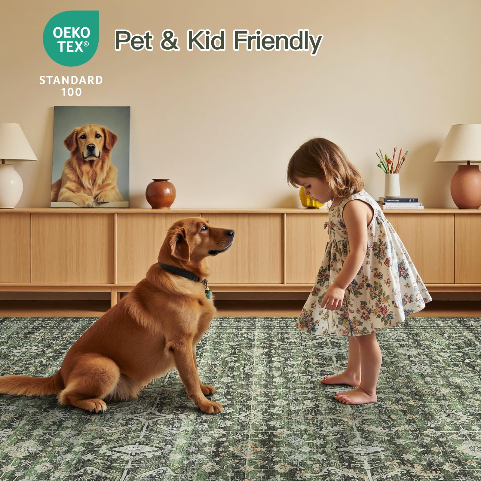 6x9 Area Rugs for Living Room Bedroom, Green Washable Non-Slip Carpet