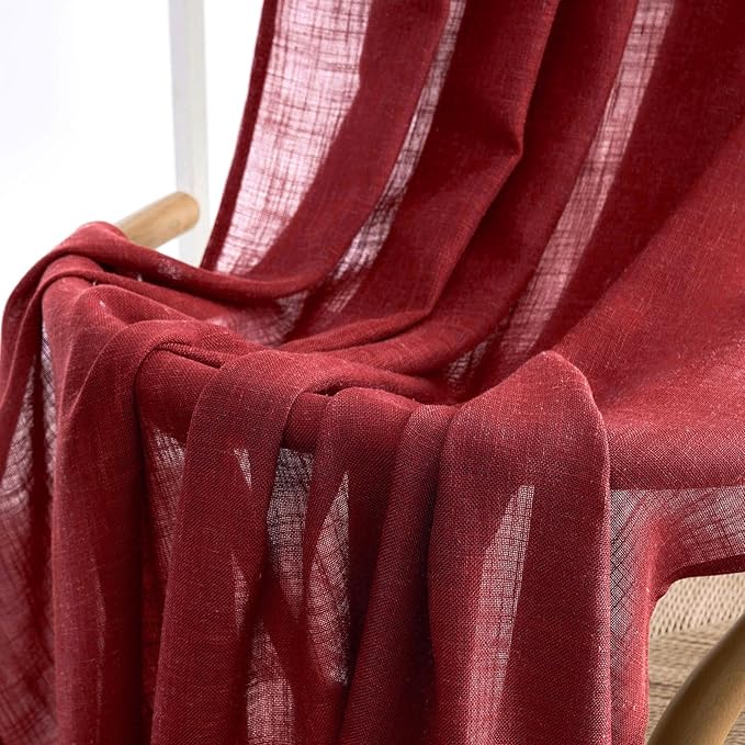 MIULEE Burgundy Red Kitchen Curtains 24 Inch Length 2 Panels, Soft Thick Linen Textured Semi Sheer Light Filtering Short Cafe Tier Curtains for Small Half Window Back Tab Rod Pocket Christmas Decor