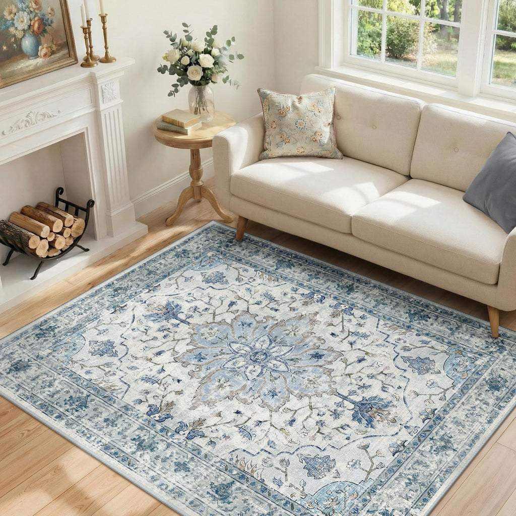RELEANY Washable Area Rug, 4'x6', Blue/White/Gray