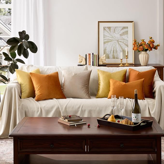 GIGIZAZA Cinnamon Orange Velvet Decorative Throw Pillow Covers for Sofa Bed 2 Pack Soft Cushion Cover