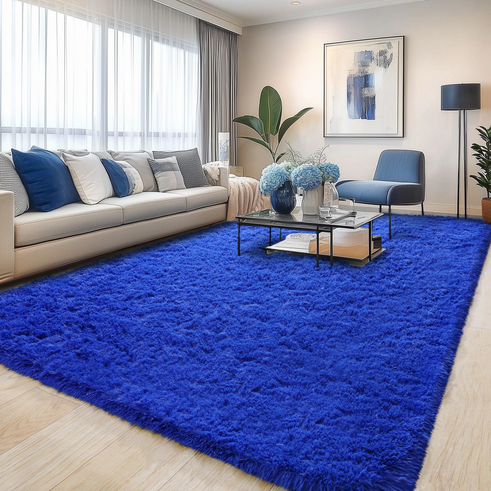 Pionblank Large Rug for Living Room 6x9, Modern Shag Area Rug, Royal Blue