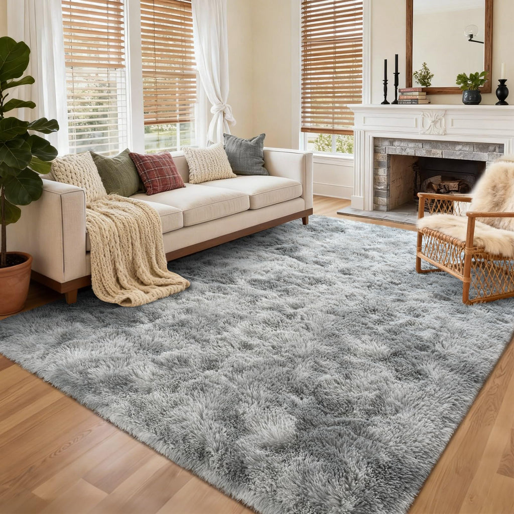 5x8 Ft Large Shag Rugs for Living Room, Tie Dyed Ultra Soft Fluffy Furry Area Rugs for Bedroom Indoor Floor, Aesthetic Carpet for Kids Home Decor (Light Grey)