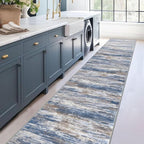 KOZYFLY Modern Abstract Washable Rug Runner 2.6x18 Hallway Rug Runner Non-Slip Soft Kitchen Runner Rugs, Blue Rust Striped Carpet for Entryway Bathroom Laundry Room Foyer