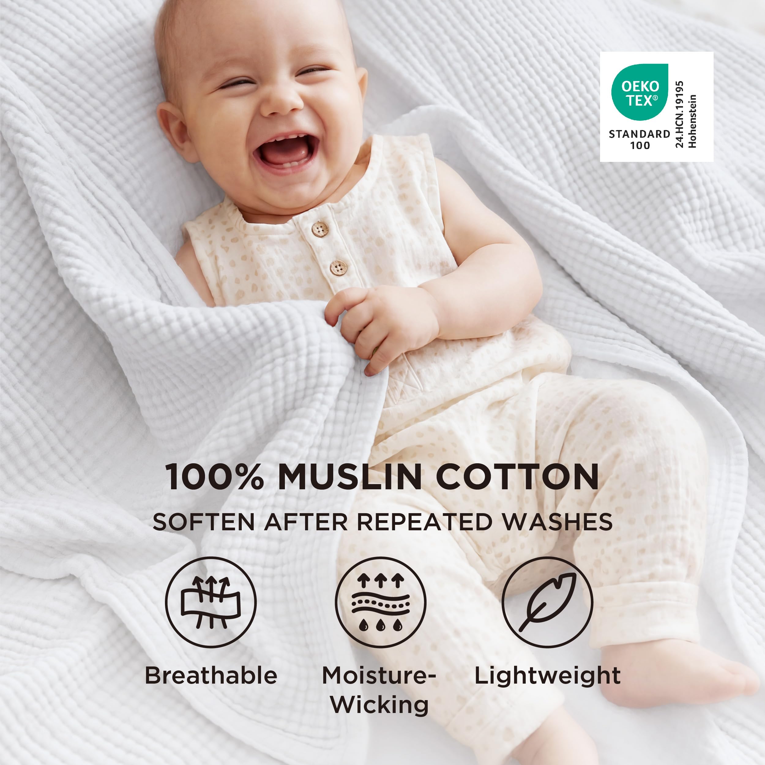 Bedsure 100% Cotton Muslin Blanket King Size for Bed - 4-Layer Breathable and Lightweight Thin Soft Summer Gauze Muslin Blanket for Adults, White, 108x90 Inches