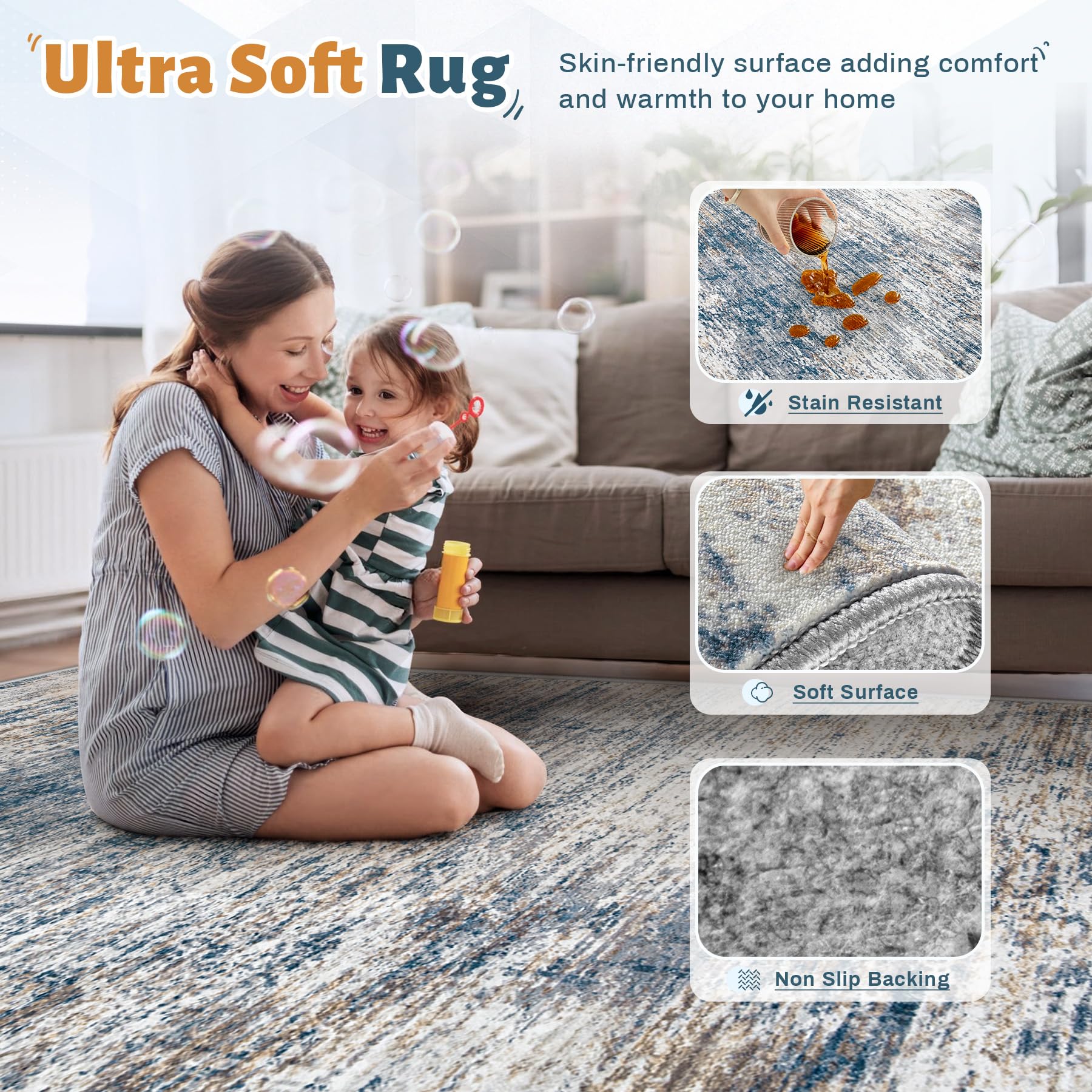 XLUEZ 5x7 Area Rugs for Living Room, Washable Modern Abstract Large Area Rug Neutral Soft Non Slip Kids Rug Stain Resistant Indoor Carpet for Bedroom Nursery Dining Room Playroom(BlueWhite, 5'x7')
