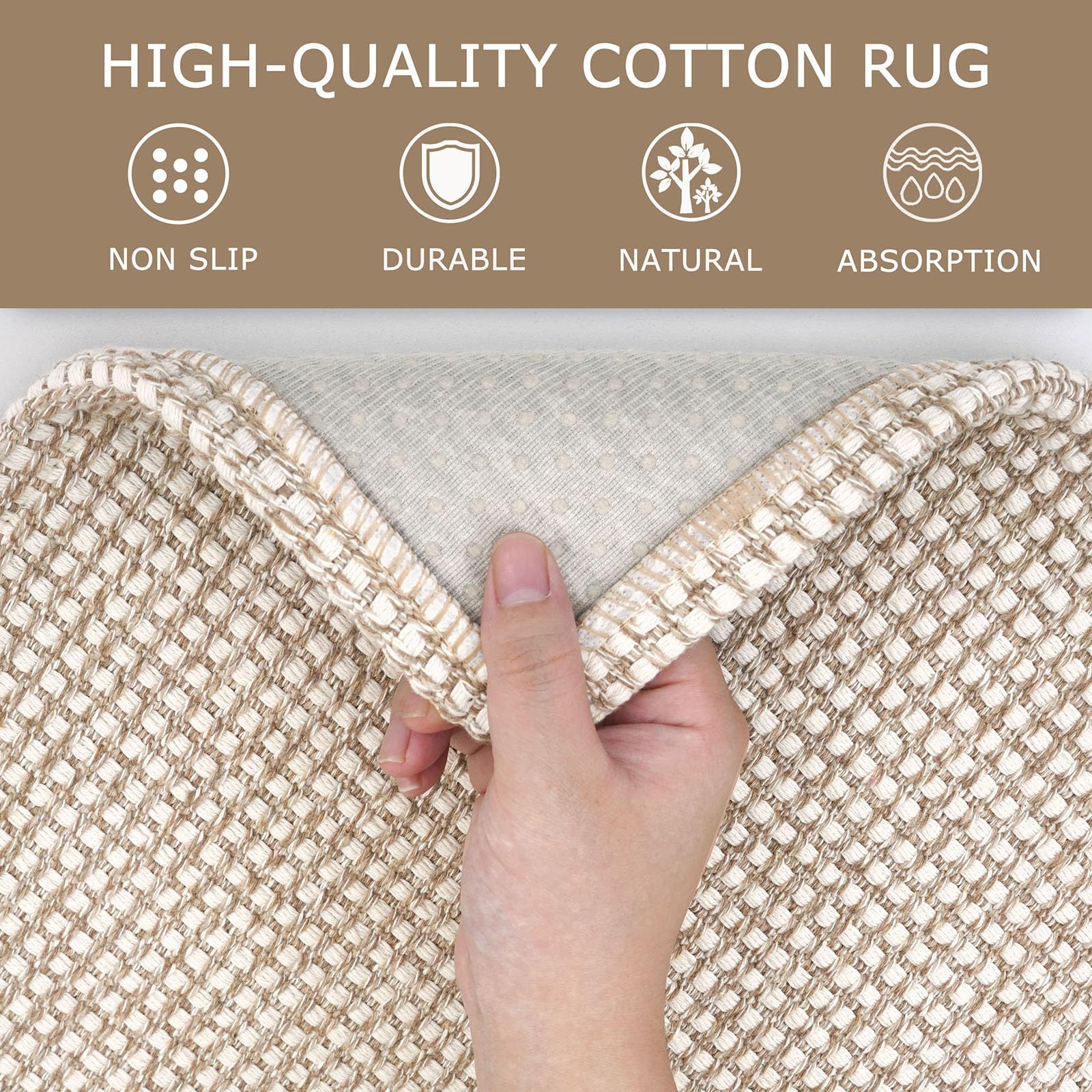 KOZYFLY Long Runners for Hallways 3x12 ft Washable Kitchen Runner Non Slip Rubber Backed Hallway Rugs Cotton Entryway Runner Rug Floor Carpet for Indoor Hall, Backdoor, Kitchen, Ivory/Khaki