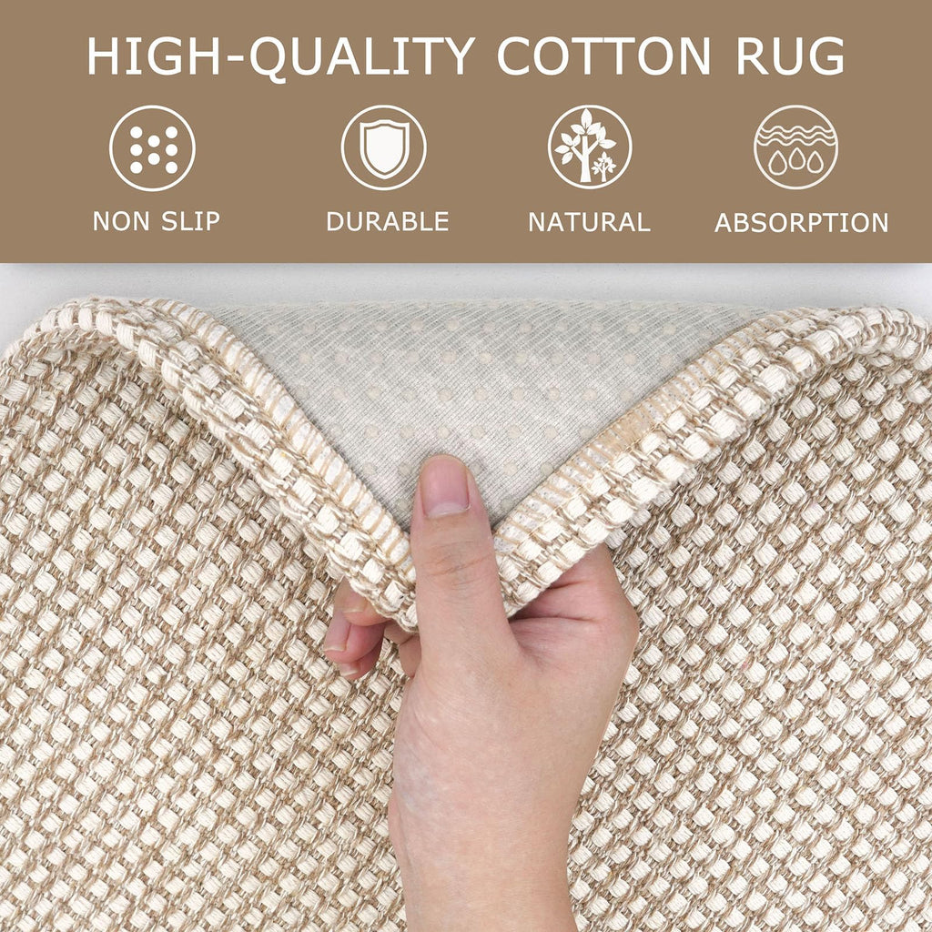KOZYFLY Long Runners for Hallways 3x12 ft Washable Kitchen Runner Non Slip Rubber Backed Hallway Rugs Cotton Entryway Runner Rug Floor Carpet for Indoor Hall, Backdoor, Kitchen, Ivory/Khaki