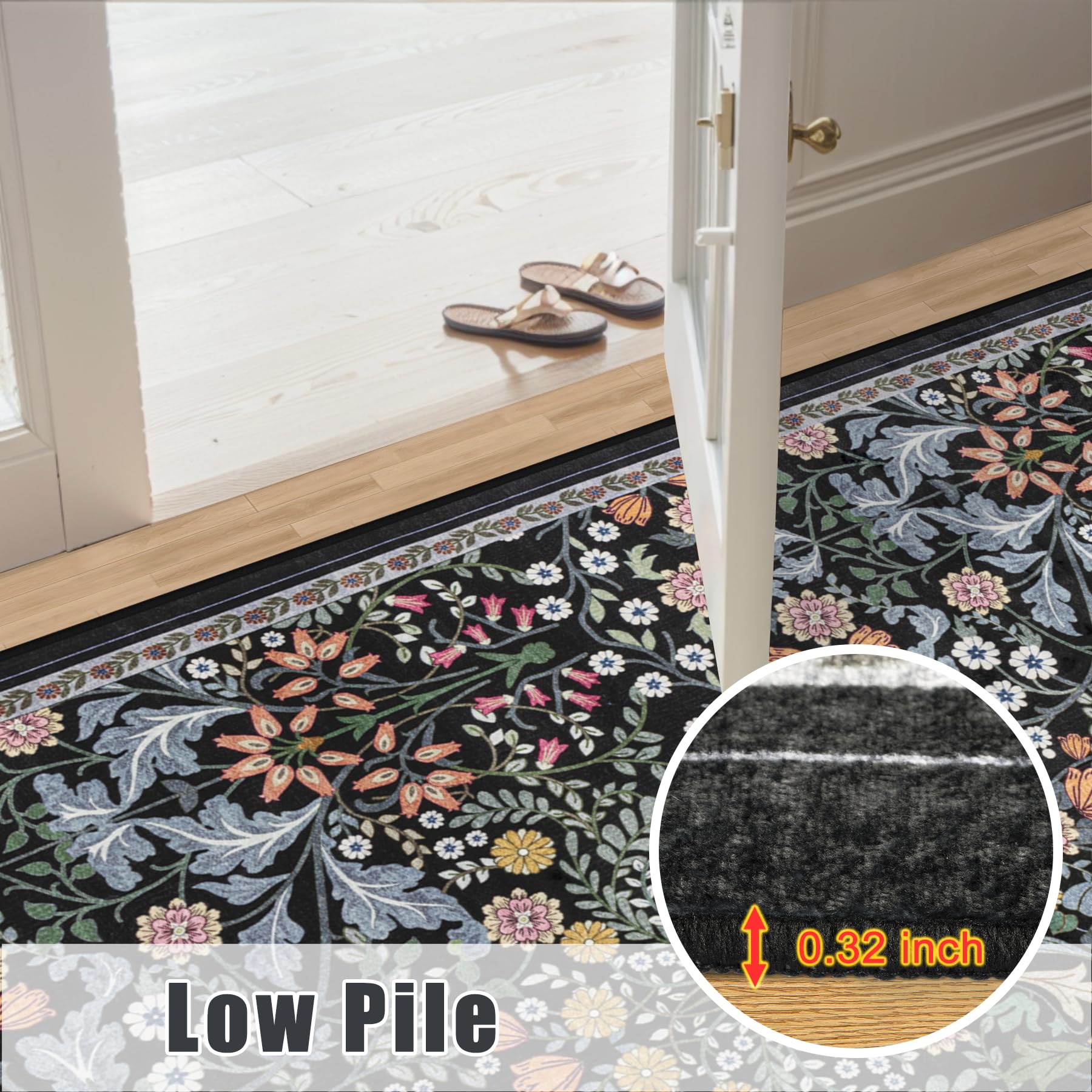 PLHXFR 2x3 Small Entryway Rug: Floral Washable Indoor Carpet Dark Black