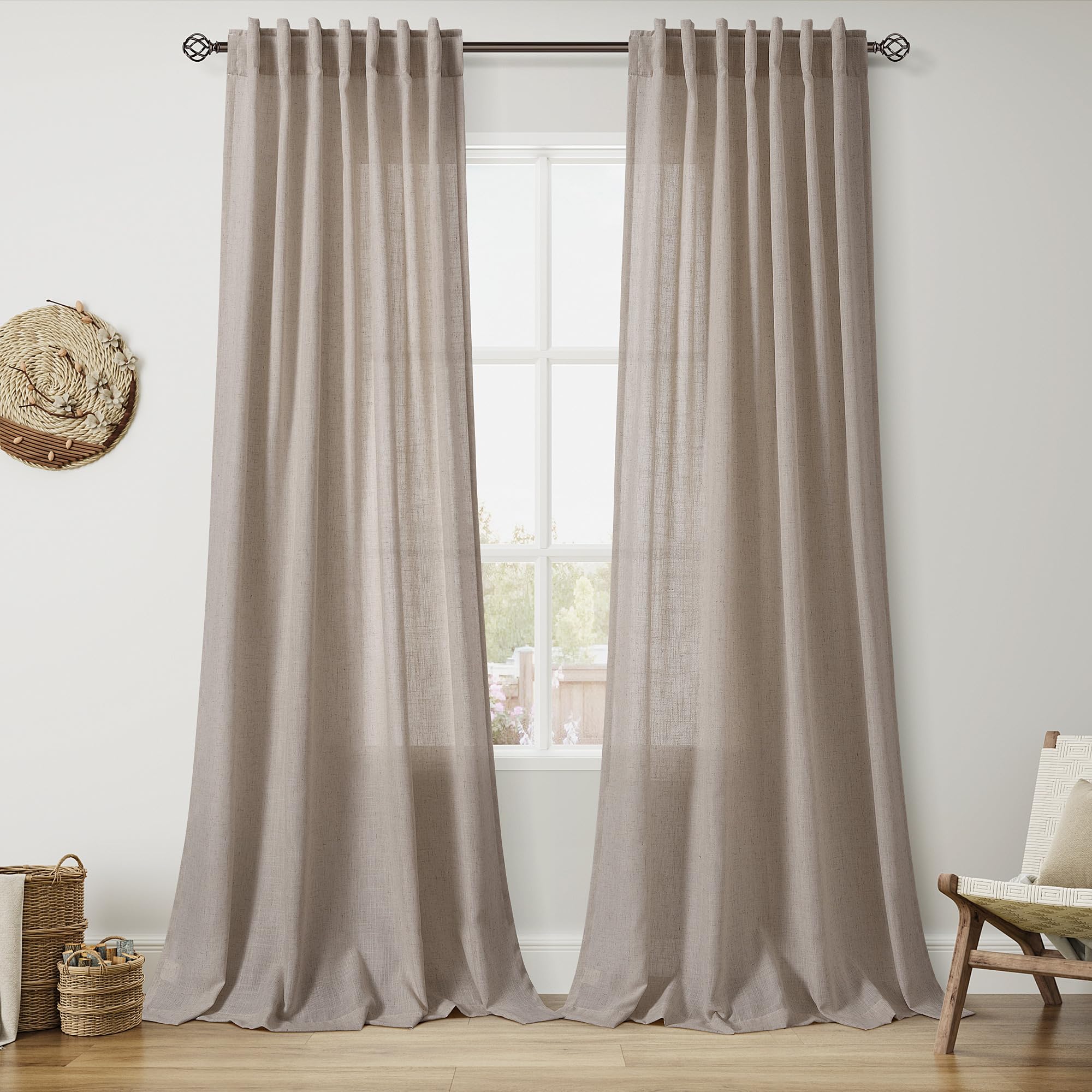 Nanspring Extra Long 120 Inch Curtains for Living Room Ecru Flax Linen Light Filtering Semi Sheer Curtain Back Tab Rustic Decor Boho Burlap Floor to Ceiling High Window for Bedroom 52x120, 2 Panels
