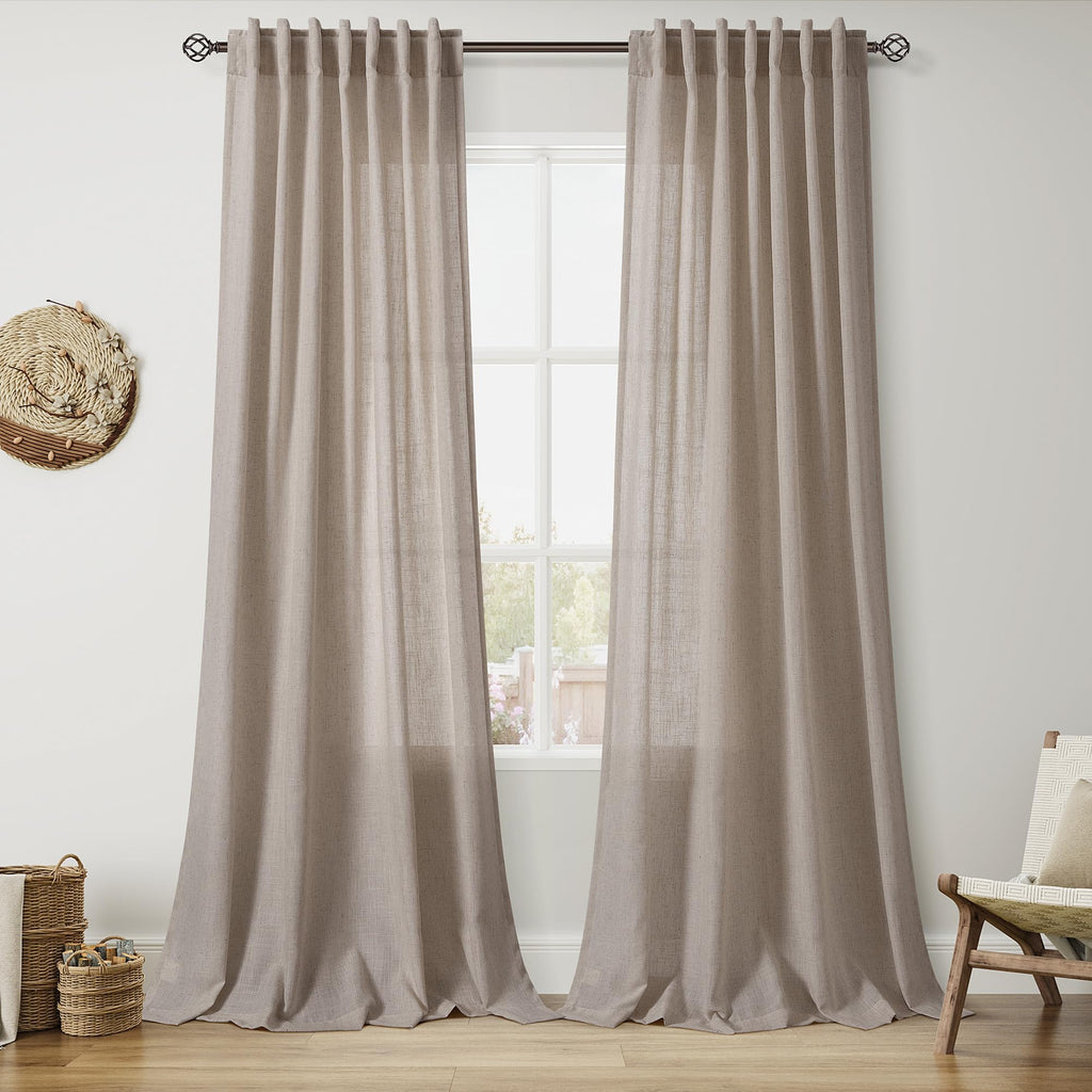 Nanspring Modern Farmhouse Linen Curtains 96 Inches Long for Living Room Cobblestone Light Filtering Semi Sheer Curtain Back Tab and Rod Pocket Coastal Decor Drapes for Bedroom 52x96, 2 Panels