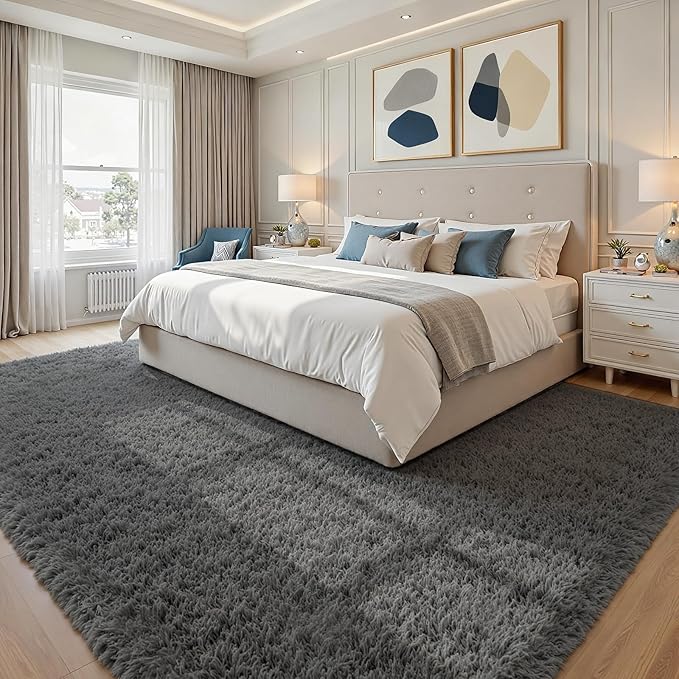 8x10 Fluffy Shag Area Rugs for Living Room Bedroom: Soft Plush Carpet Grey