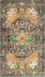Yamaziot Washable Area Rug, 4x6 Non-Slip Boho Vintage Living Room Bedroom Rug with Rubber Backing, Low Pile Faux Wool Soft Distressed Rug Floor Carpet for Living Room, Laundry, Kids Playroom