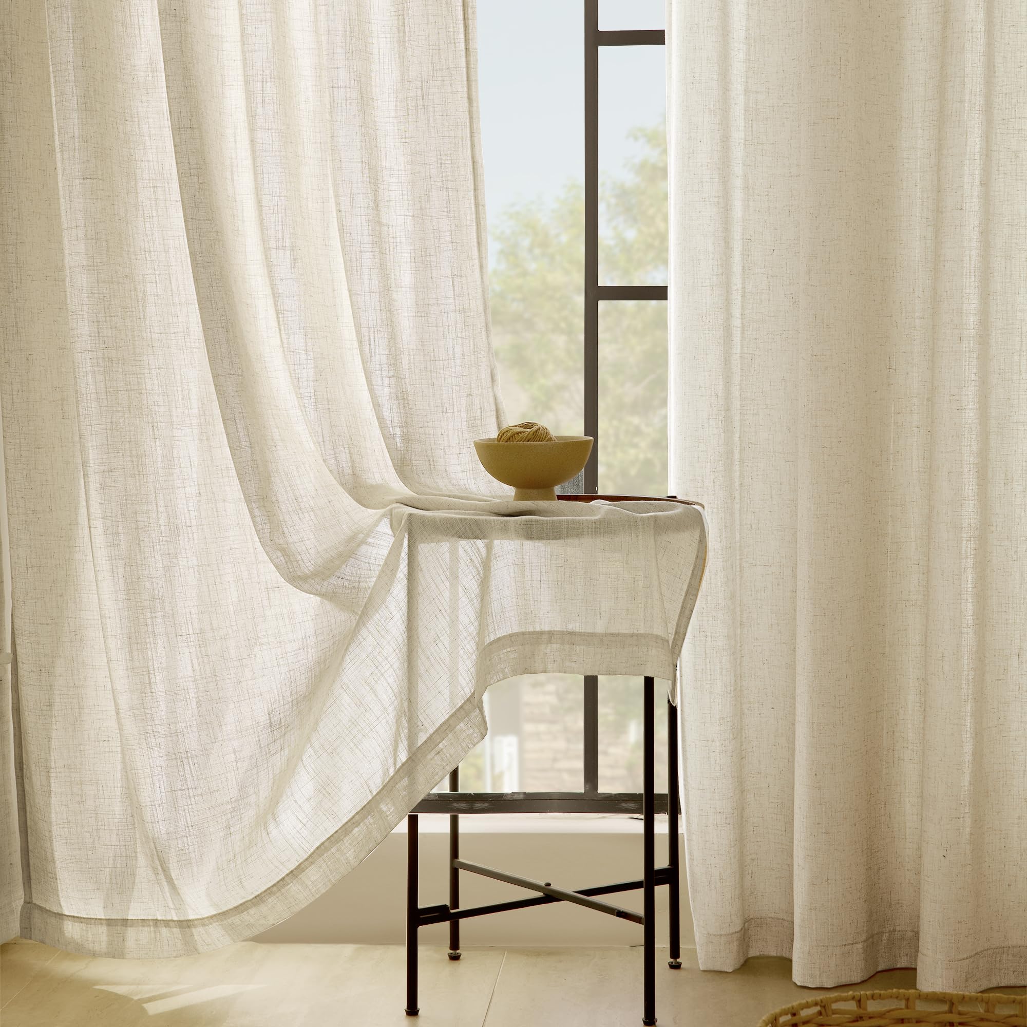 Jolilight Faux Linen Beige Curtains 102 inches Long for Living Room Rustic Farmhouse Linen Drapes Semi Sheer Burlap Textured Canvas Cloth Curtain Panels Set of 2 Kahki Tan Colored