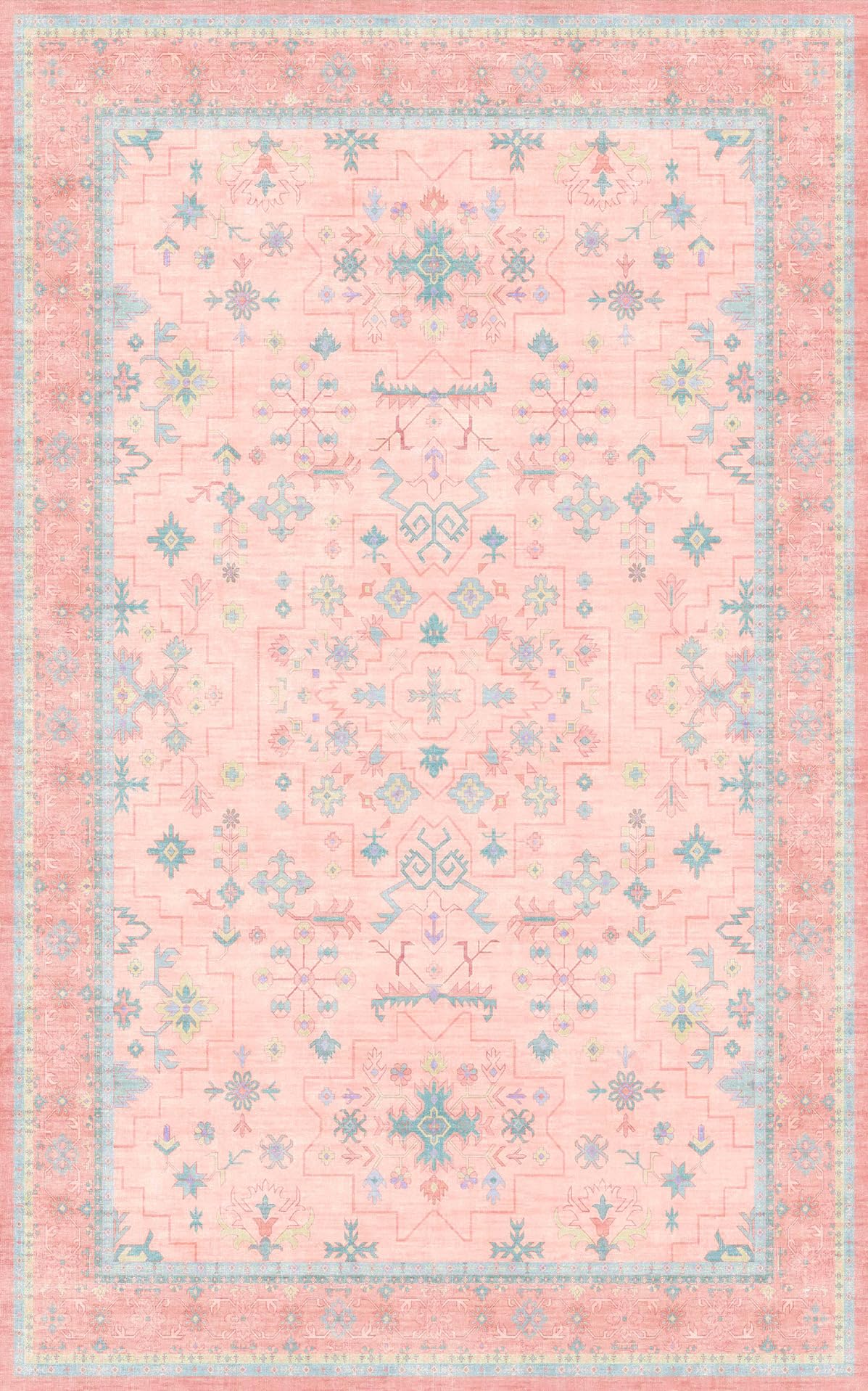 Hazo Haus Pink and Blue Washable 5x8 Living Room Rugs, Boho Aethestic Oushak Vintage Area Rug for Bedroom Girls Kids Playroom Nursery Room, Non-Slip Rubber Backing Stain Resistant