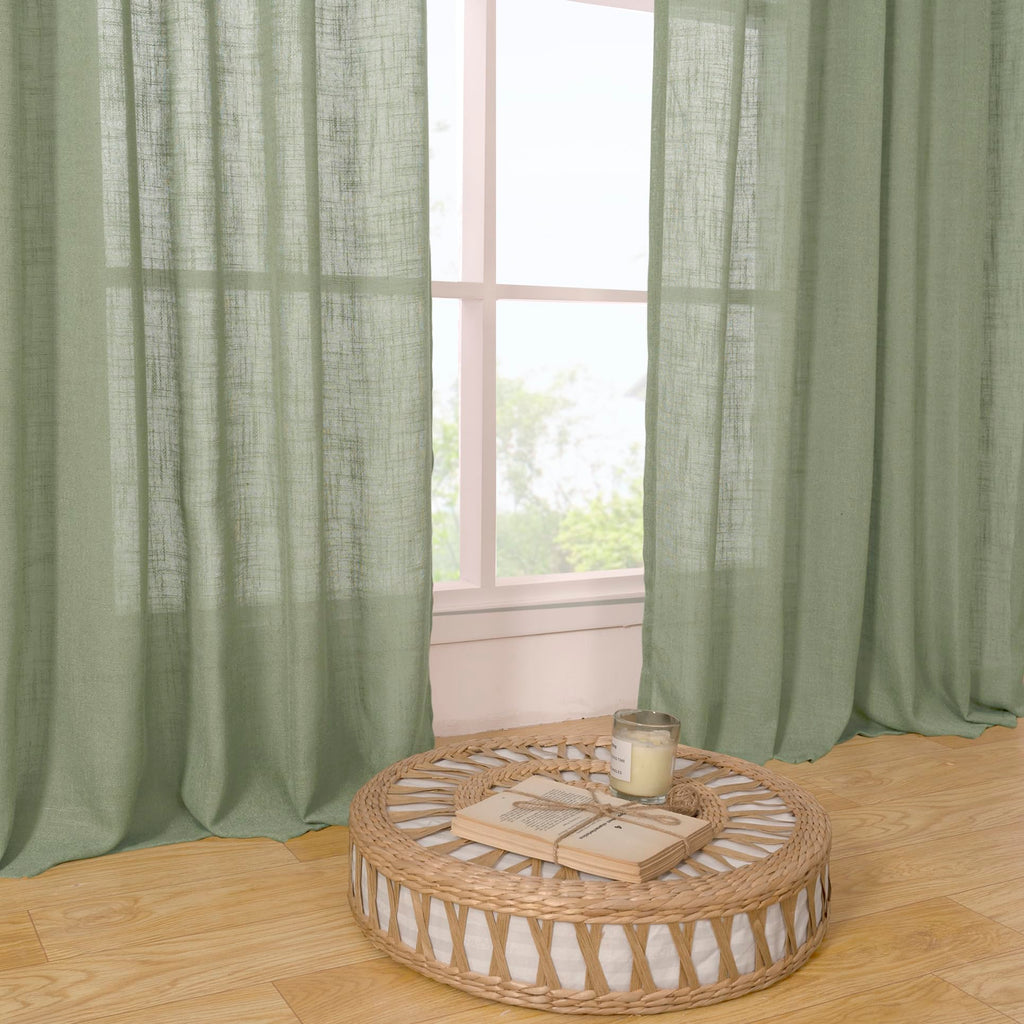 LAMIT Short Window Linen Curtains 36 Inch Length 2 Panels, Sage Green Light Filtering Panels Back Tab and Rod Pocket Neutral Drapes for Bathroom/Loft Room, 34 x 36 Inch