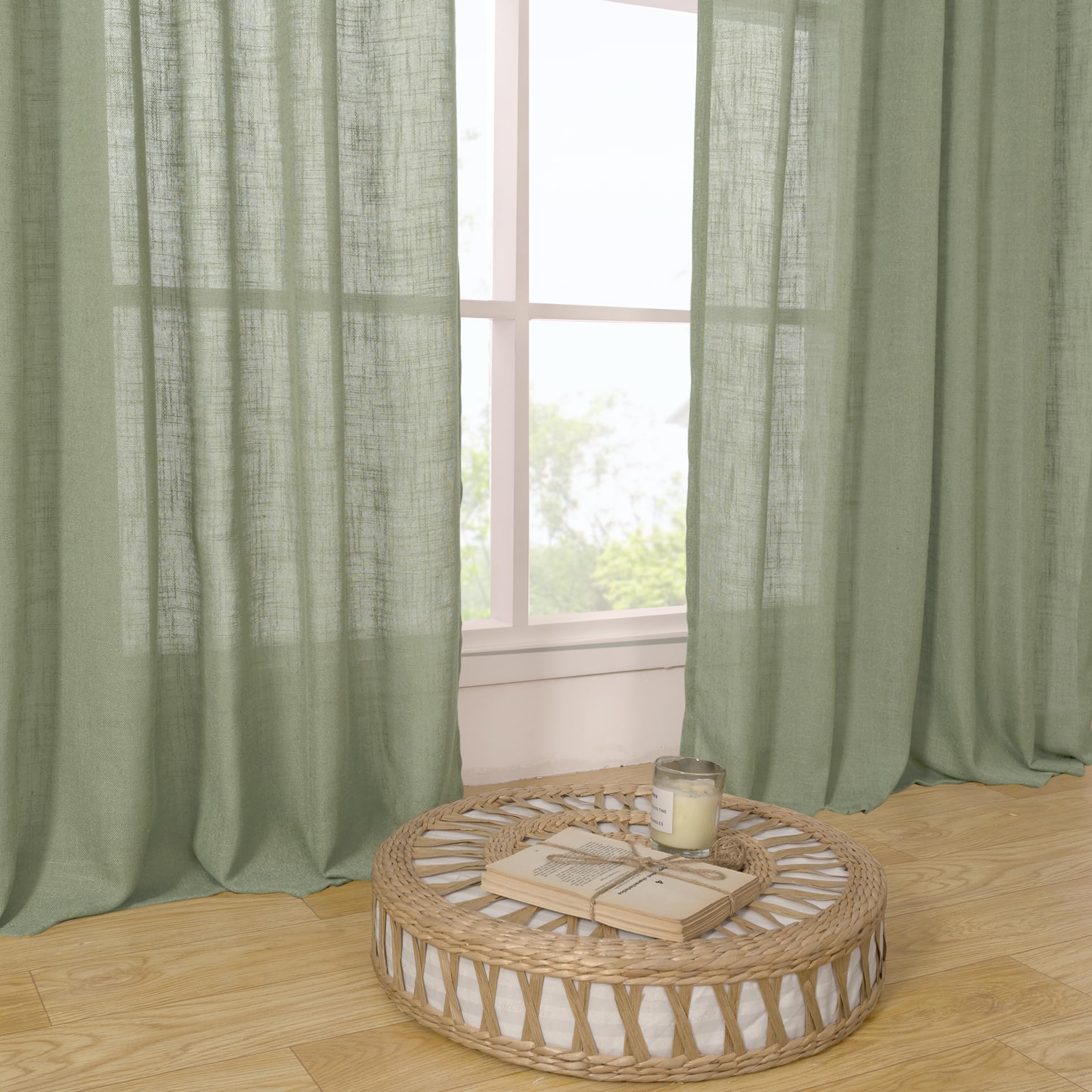 LAMIT Short Window Linen Curtains 36 Inch Length 2 Panels, Sage Green Light Filtering Panels Back Tab and Rod Pocket Neutral Drapes for Bathroom/Loft Room, 34 x 36 Inch