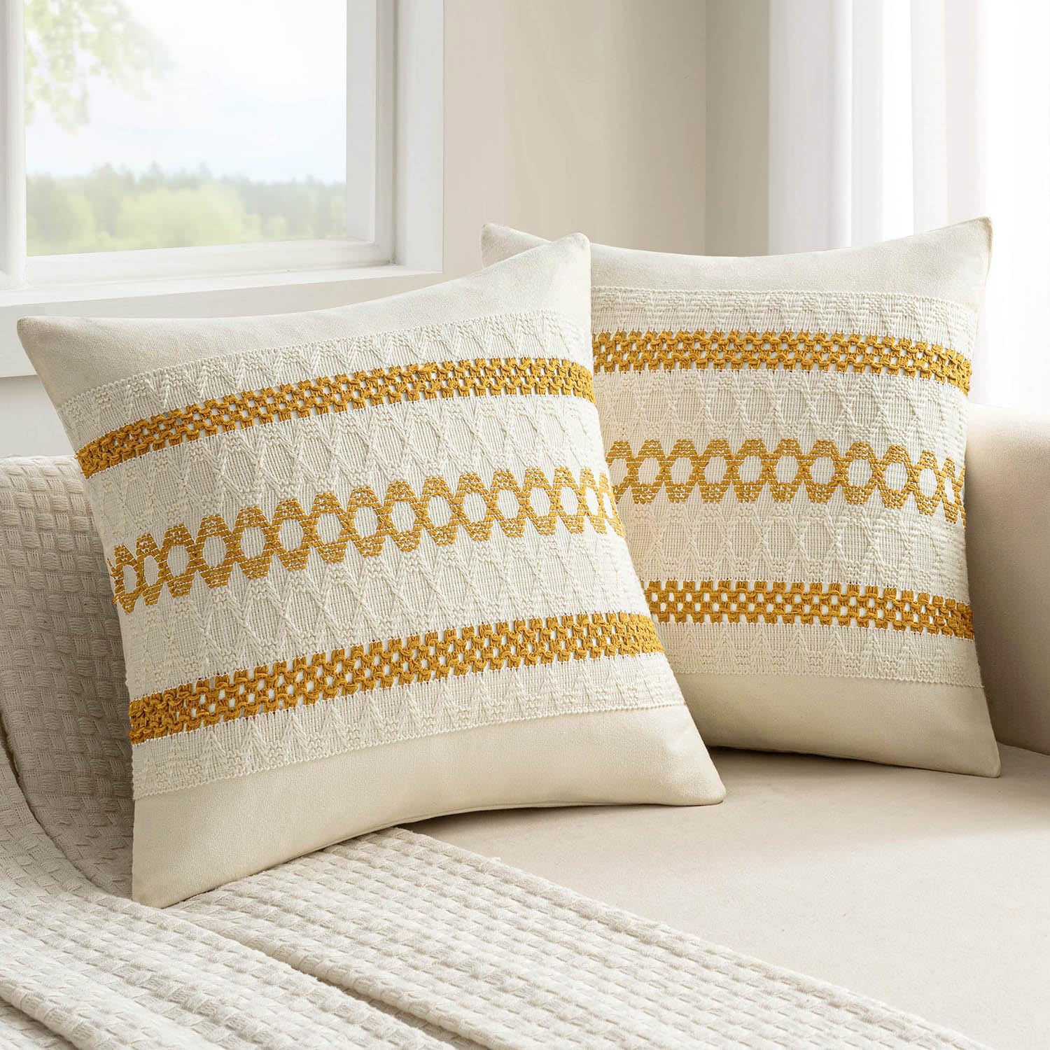 MIULEE Set of 2 Mustard Yellow Boho Decorative Pillow Covers 20x20 Inch
