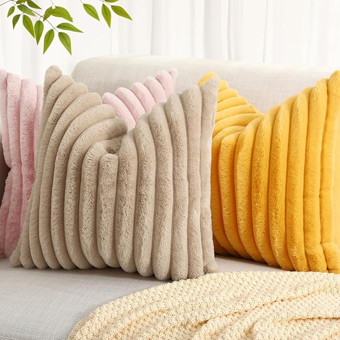 decorUhome Fall Faux Fur Throw Pillow Covers 20x20 Set of 2 Pink