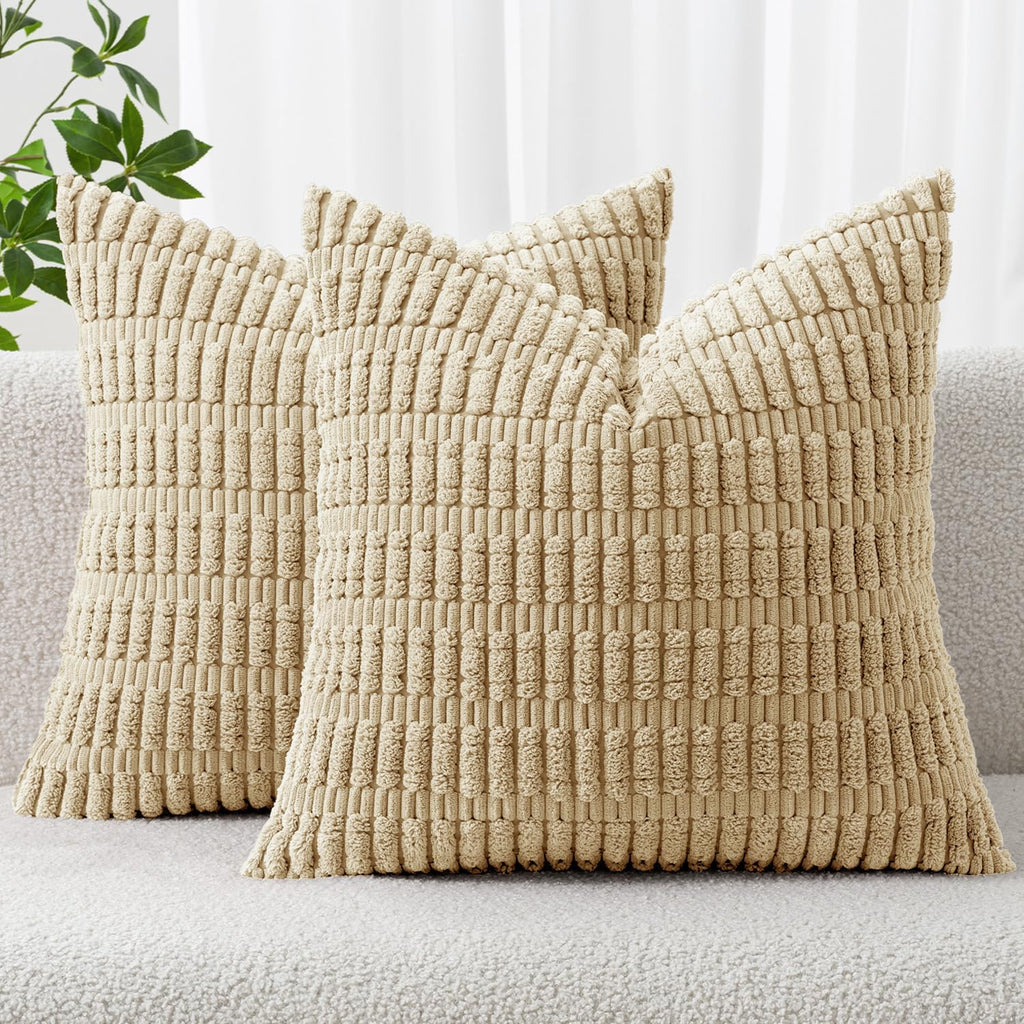 MIULEE Corduroy Decorative Throw Pillow Covers 18x18 Tan Pack of 2