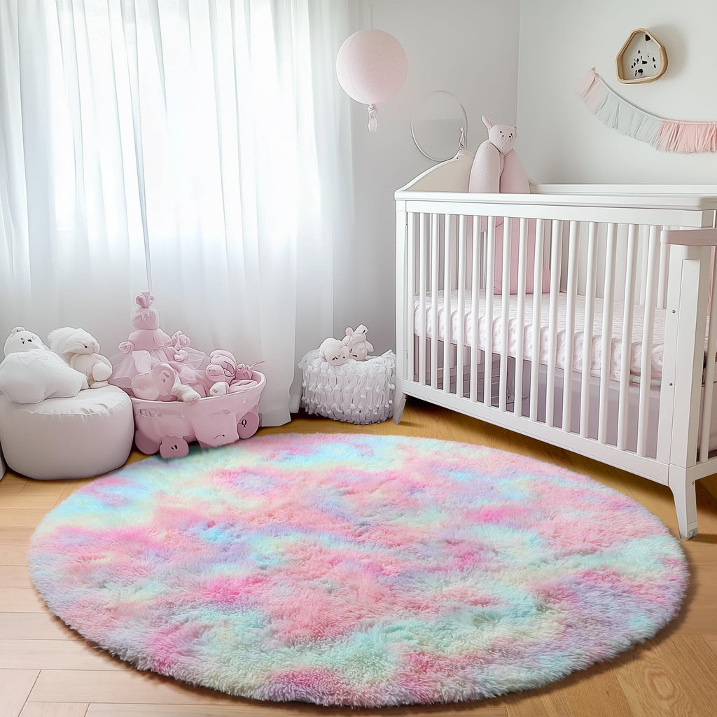 ONASAR Rainbow Round Area Rug 4ft, Soft Bedroom Circle Rugs Mats for Kids Girls Teen Room, Kawaii Fluffy Plush Shaggy Carpet for Baby Nursery Living Room Playroom Home Decor Princess Castle