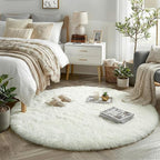 Amdrebio Ivory White Round Rug 4Ft for Kids Bedroom Aesthetic, Fluffy Fuzzy Furry Circle Area Rugs for Living Room Decor, Circular Plush Soft Shaggy Cream Carpet for Baby Nursery Dorm Teen Girls Boys