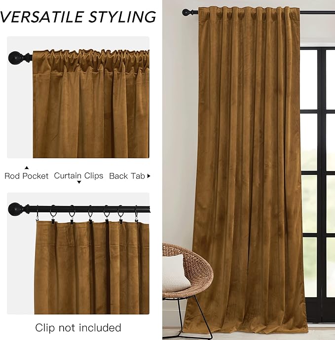 RYB HOME Gold Brown Velvet Curtains 72 inches with Hook Belt, Back Tab