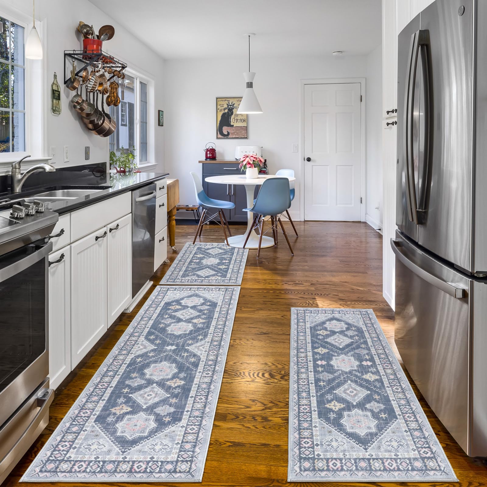HEBE Boho Kitchen Rugs Set of 3, Non Slip Washable Kitchen Mats for Floor