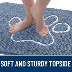 OLANLY Dog Door Mat for Muddy Paws 32x20, Paw Print Design, Absorbs Moisture and Dirt, Non-Slip Washable Doormat, Quick Dry Chenille Mud Mat, Entry Indoor Entryway Carpet, Airy Blue and White