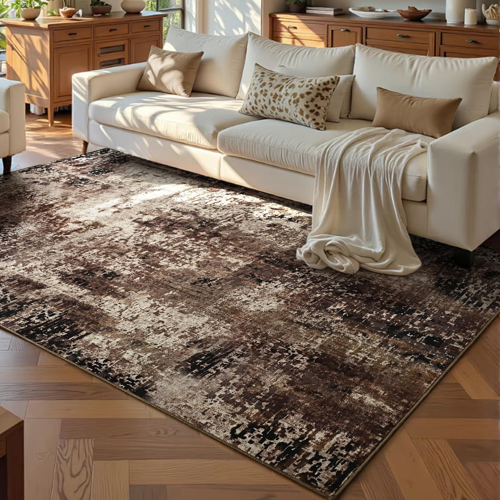 Ompaa Living Room Rug 5x7 Brown Area Rug Machine Washable Boho Coffee Rug Non Slip Abstract Vintage Indoor Large Rugs for Bedroom, Classroom, College Dorm, Farmhouse, Dining Room, Kids Playroom