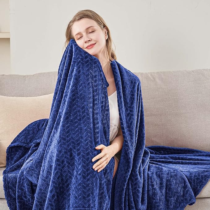 inhand Navy Fleece Queen Blanket for Bed, Super Soft Flannel Cozy Blankets for Adults, Lightweight Leaves Pattern Fuzzy Blanket for Office,Travel, Warm Plush Blankets for All Season, 90x90 Inches