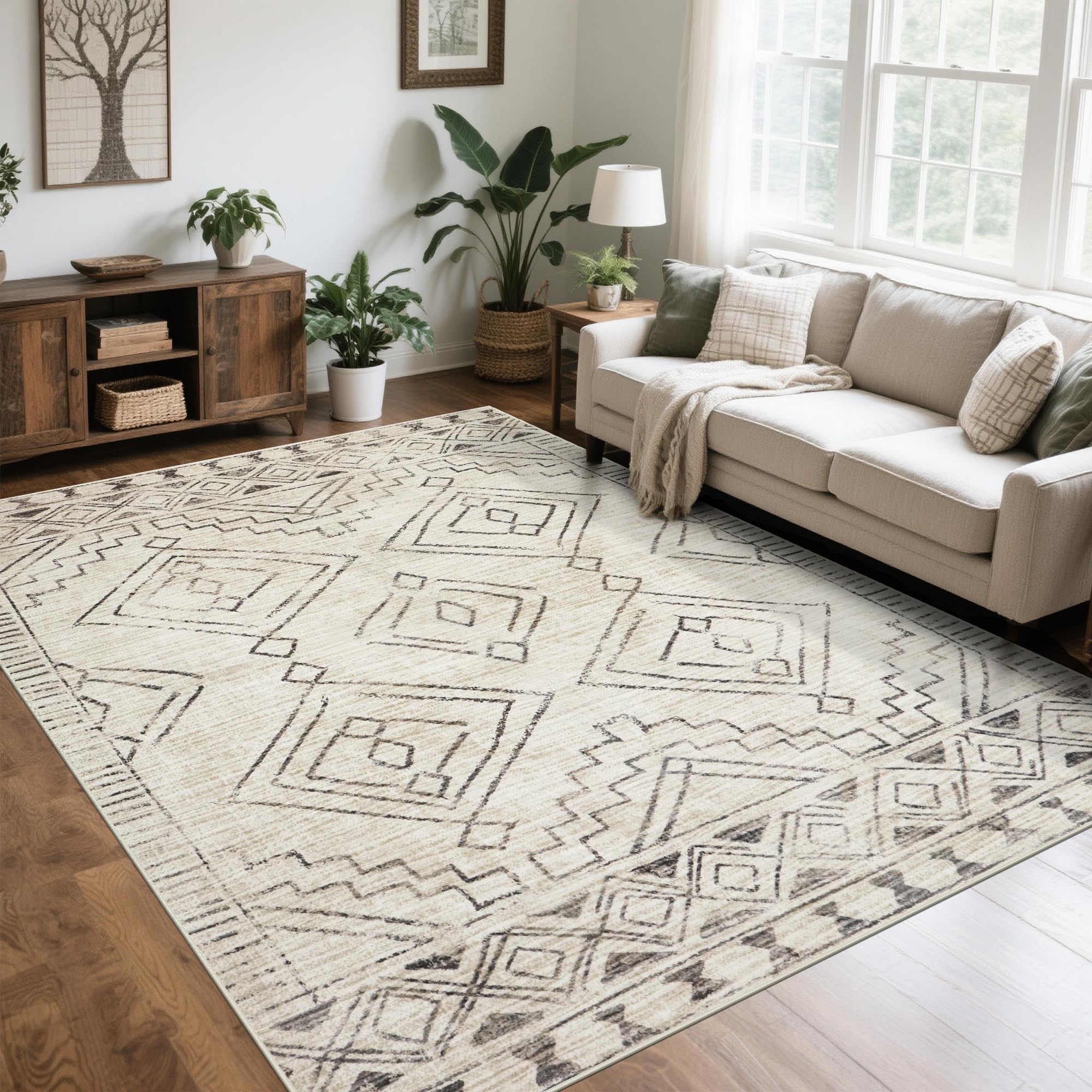 8x10 Washable Area Rugs for Living Room,Bedroom,Dining Room- Morocco Beige