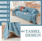 HANDONTIME Turquoise Couch Protector for Dogs Boho Tassel Blue Couch Cover Farmhouse Sofa Covers Aztec Tribal Couch Covers for 3 Cushion Couch Sofa Universal Sofa Slipcover for Home décor, 71" X118"