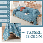 HANDONTIME Turquoise Couch Protector for Dogs Boho Tassel Blue Couch Cover Farmhouse Sofa Covers Aztec Tribal Couch Covers for 3 Cushion Couch Sofa Universal Sofa Slipcover for Home décor, 71" X118"