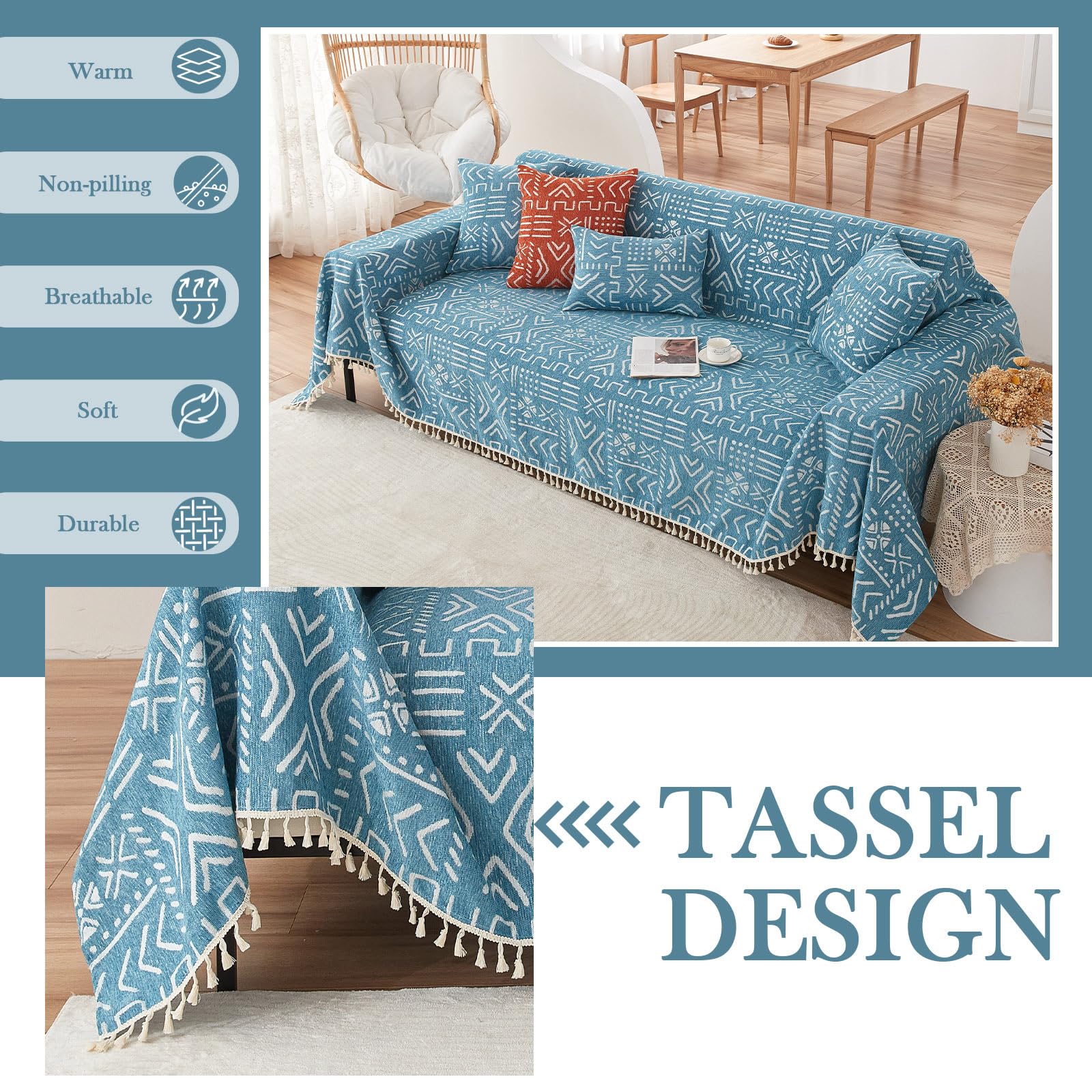 HANDONTIME Turquoise Couch Protector for Dogs Boho Tassel Blue Couch Cover Farmhouse Sofa Covers Aztec Tribal Couch Covers for 3 Cushion Couch Sofa Universal Sofa Slipcover for Home décor, 71" X118"