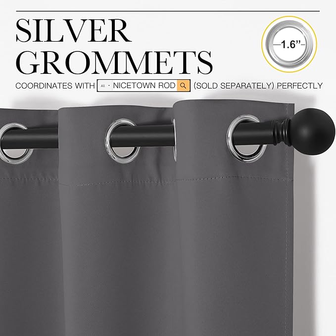 NICETOWN Bedroom Blackout Long Curtains Panels, 1 Pair, 55 inches by 120 Inch, Grey, Triple Weave Energy Saving Thermal Insulated Solid Grommet Blackout Draperies for Patio
