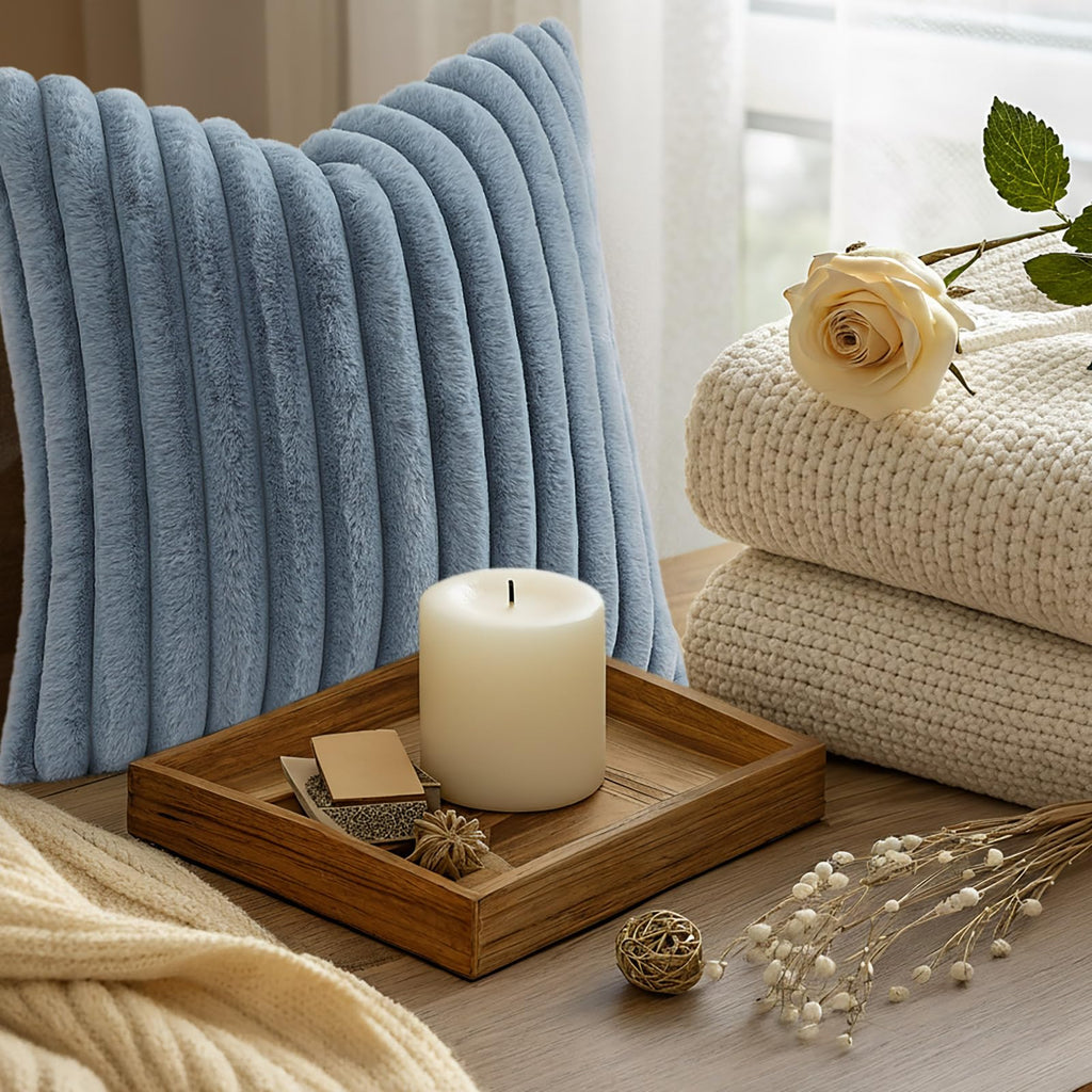 decorUhome Fall Faux Fur Throw Pillow Covers 18x18 Set of 2 Grey Blue