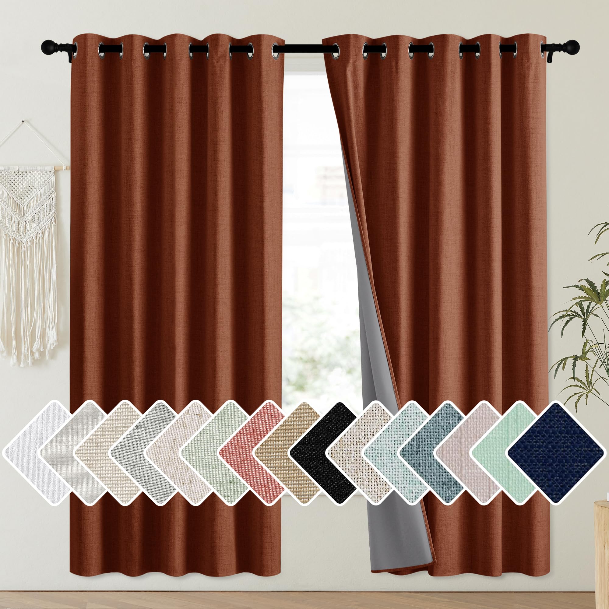 NICETOWN 100% Absolutely Blackout Linen Curtains with Thermal Insulated Liner, 62" Wide, 2 Panels, 63" Long Drapes, Grommet Retro Burnt Orange Linen Curtains Vertical Drapes Privacy for Kitchen