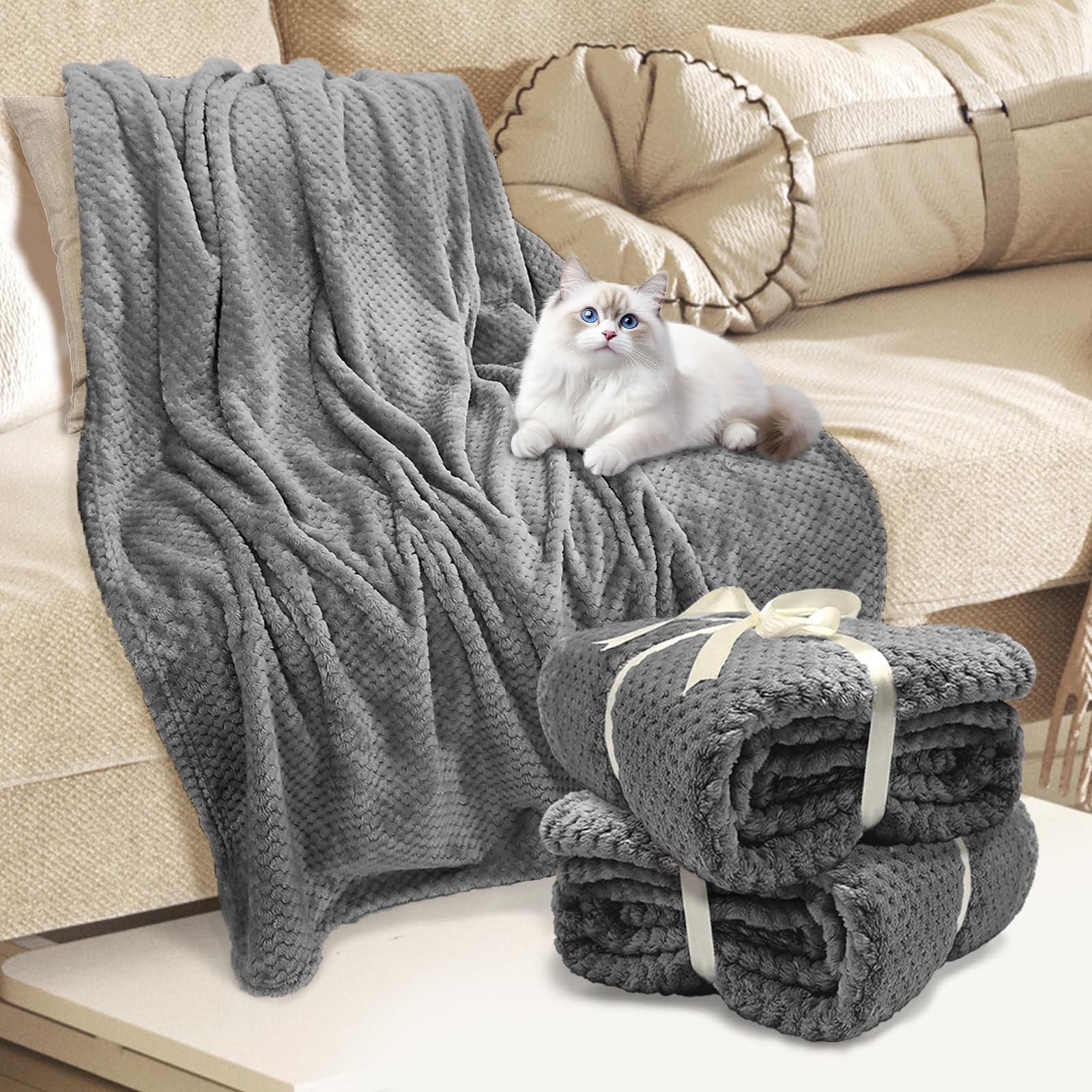 Tewloss 4 Pack Fleece Throw Blankets 50x60 Inches - Oeko-Tex Certified 100, 270 GSM Ultra Soft Plush for Bed, Couch and Cozy Gifts. 3D Waffle Texture, No Shedding No Pilling All Season (Dark Gray)