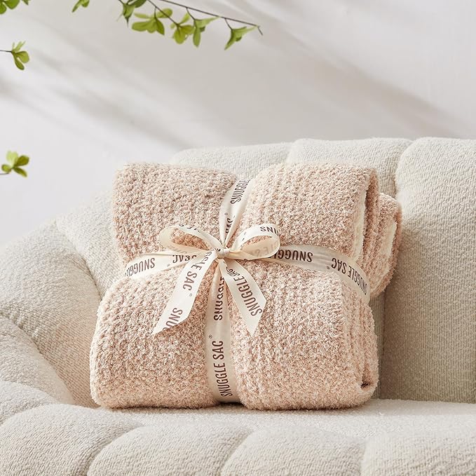 Snuggle Sac Queen Size Bedding Blankets, Super Soft Warm Oversized Bed Blankets Cozy Knit Fuzzy Blankets for Bed, Heather Beige, 90x90 inches