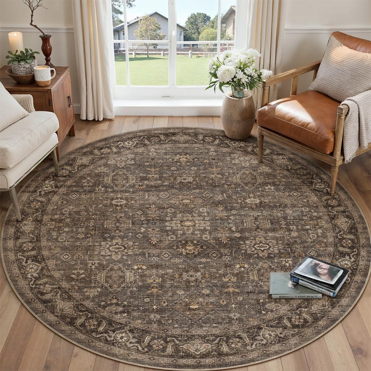 WondRg 5x5 Dark Brown Vintage Round Rug