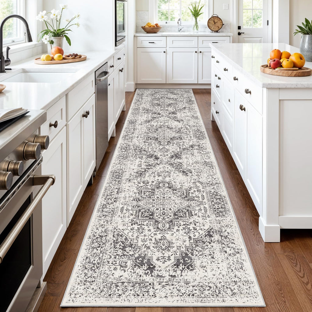 3x14 Washable Hallway Runner Rug: Long Vintage Soft Non Slip Rug Gray