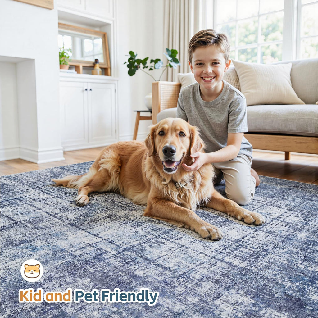 9x12 Washable Area Rug for Living Room Bedroom: Non-Slip Modern Navy Blue