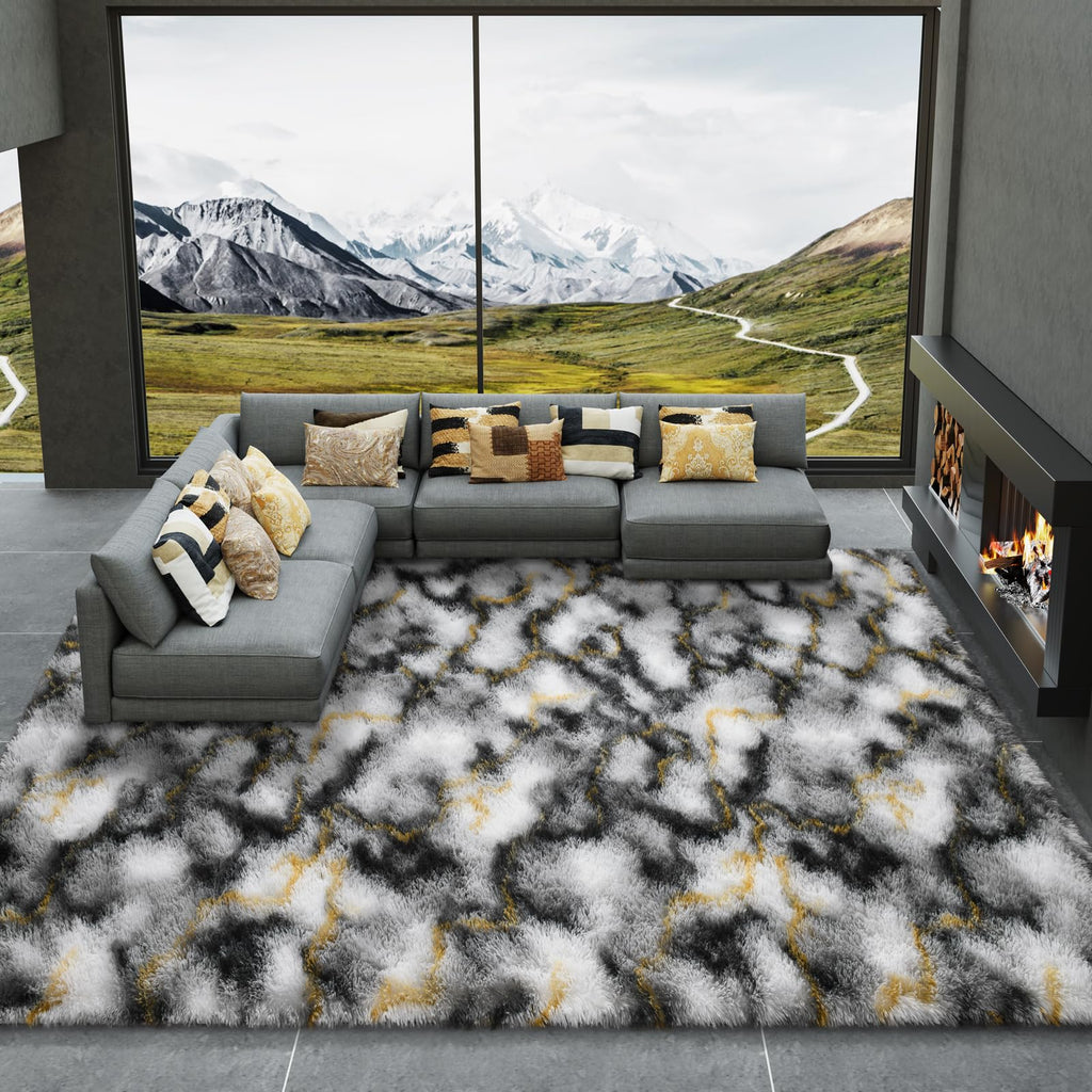 LOCHAS Area Rugs Fluffy Living Room Carpets for Kids Bedroom 6x9, Grey-Gold