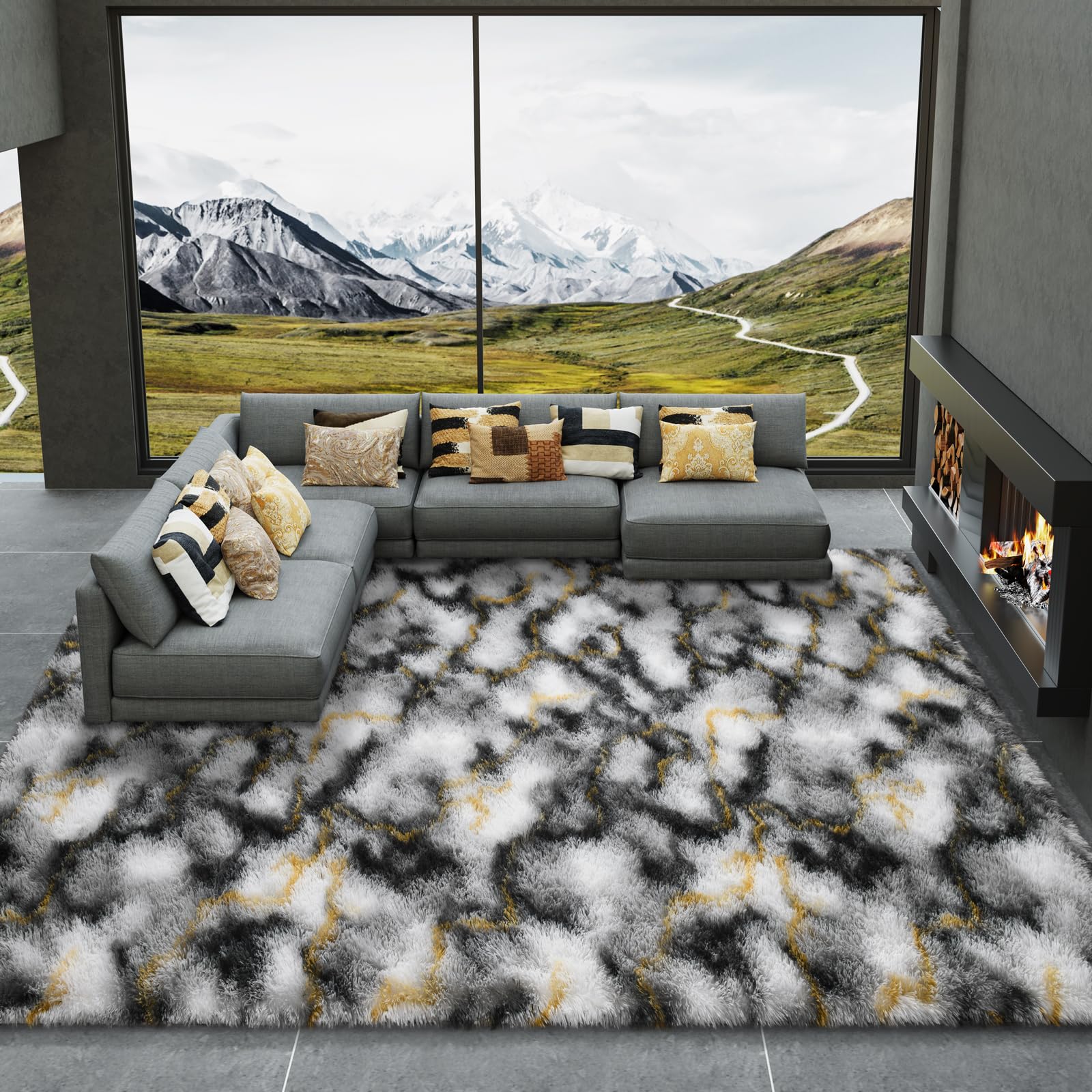 LOCHAS Area Rugs Fluffy Living Room Carpets for Kids Bedroom 6x9, Grey-Gold