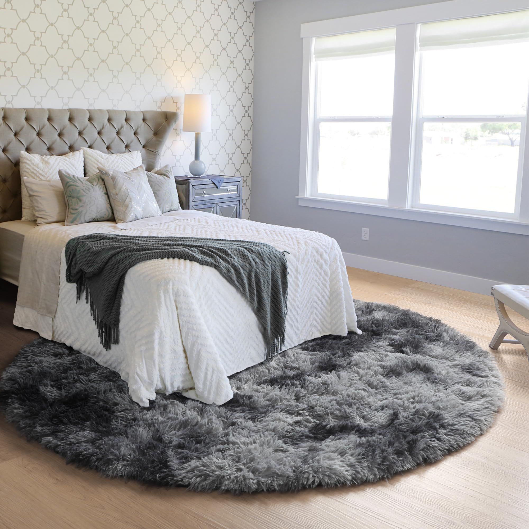 ONASAR Tie-Dyed Dark Grey Round Area Rug 4ft, Ultra Soft Bedroom Circle Rugs for Kids Girls Boys Teen, Fluffy Plush Shaggy Carpet Floor Mats for Nursery Dorm Living Room Office Home Decor