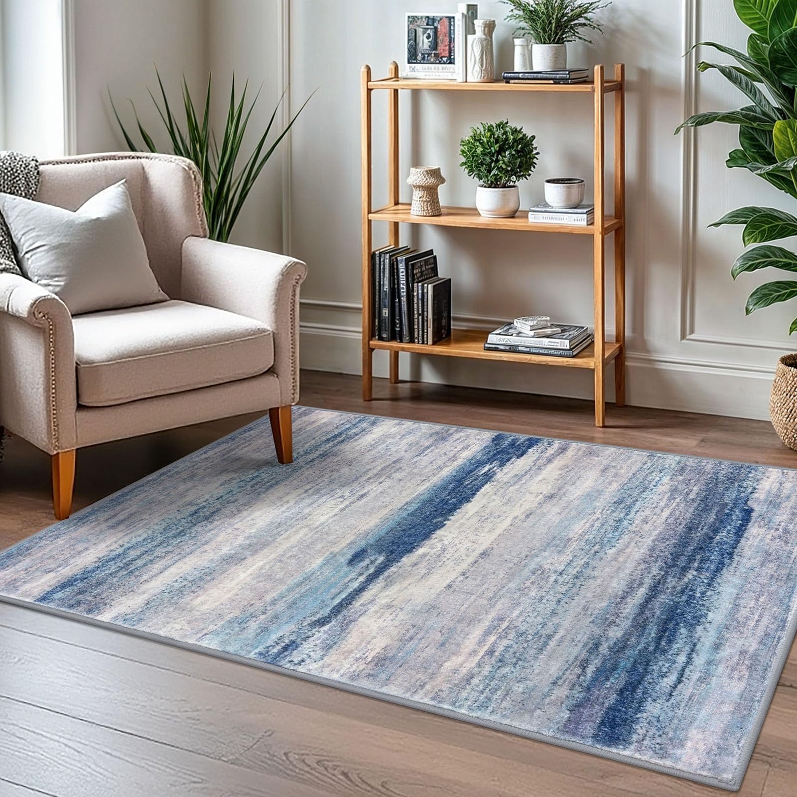 KOZYFLY 3x5 Rug Modern Ombre Living Room Area Rug, Washable Rugs for Bedroom Non-Slip Soft Stain Resistant Striped, Print Blue/Grey/Beige Abstract Carpet for Living/Laundry/Kid Room