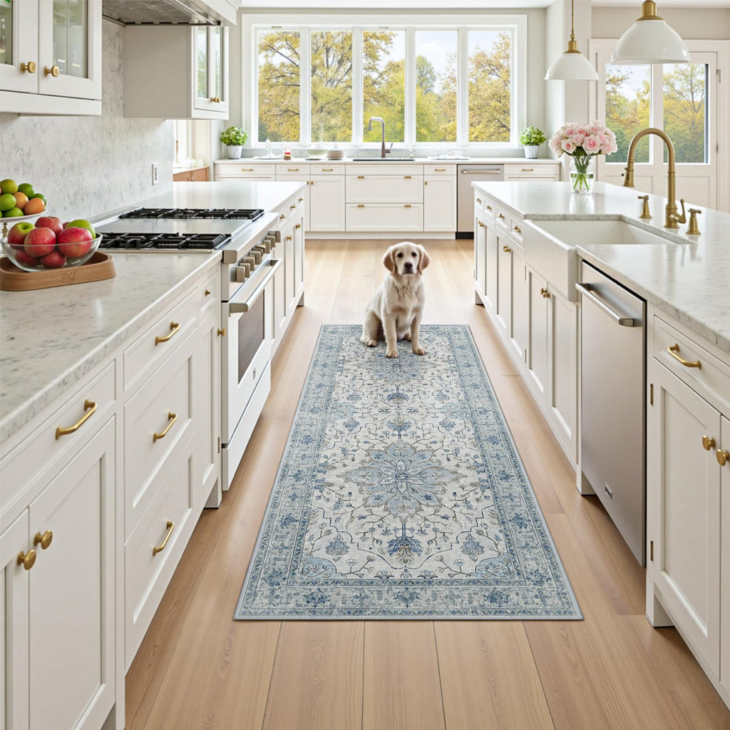 RELEANY Washable Area Rug, Runner 3'x7', Blue/White/Gray